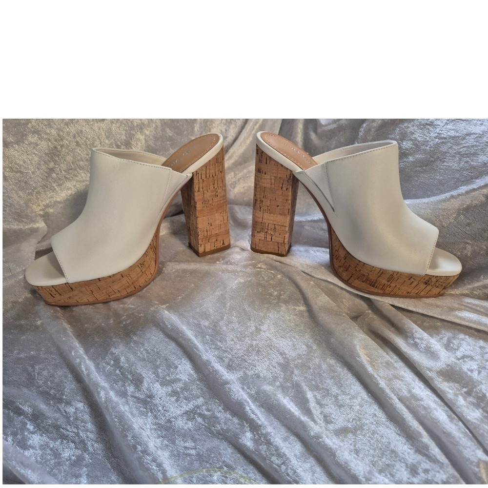 Lisa‎ & Vicky White Leather Platform Mules Cork Heel Size 6.5 Open Toe